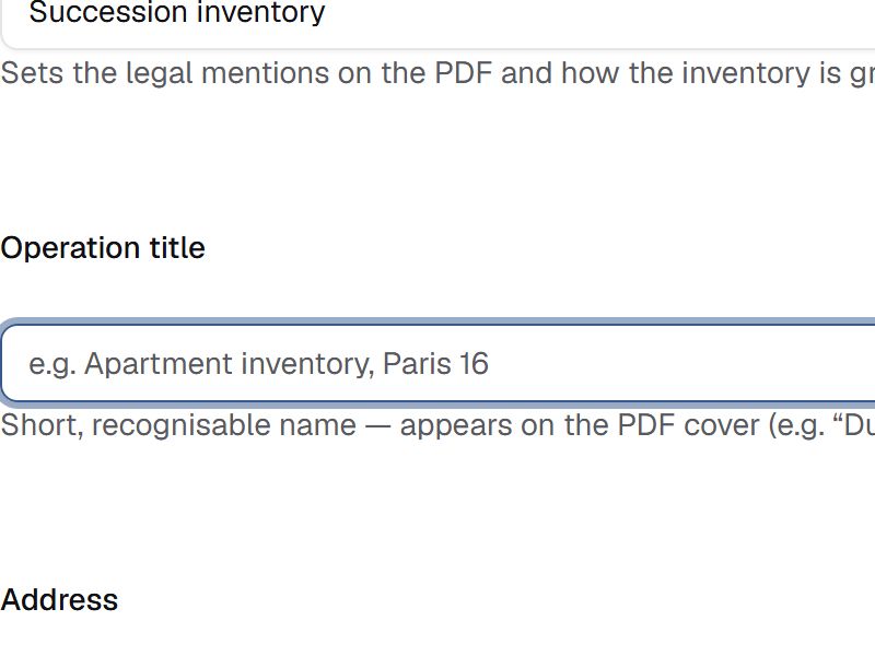 Entering the operation title in the new inventory form