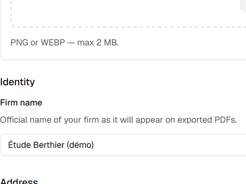Typing the official name in the Firm name field