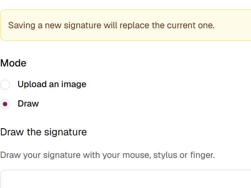 Choosing Draw in the My signature section, above the drawing area