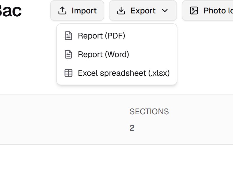 The Export menu of an inventory, open on Report (PDF), Report (Word) and Excel spreadsheet (.xlsx)