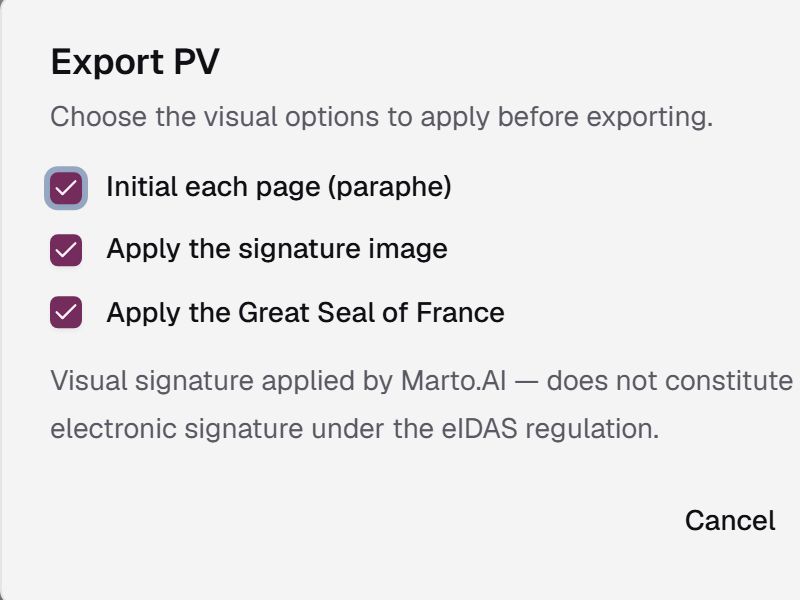 Ticking the initials, the signature and the Great Seal in the Export PV dialog