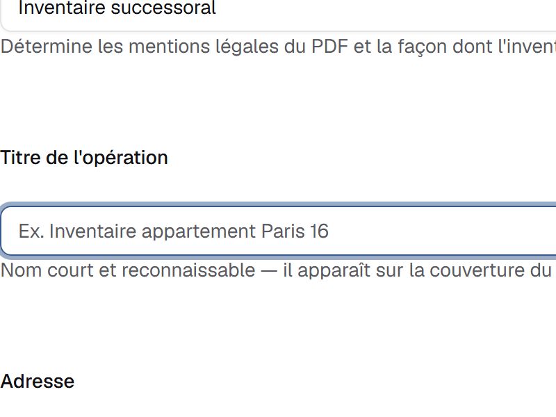 Saisir le titre de l'opération dans le formulaire du nouvel inventaire
