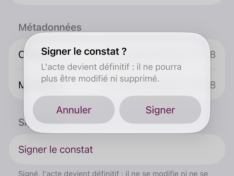 Confirmer par Signer dans l'alerte Signer le constat ?
