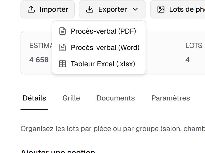 Le menu Exporter d'un inventaire, ouvert sur Procès-verbal (PDF), Procès-verbal (Word) et Tableur Excel (.xlsx)