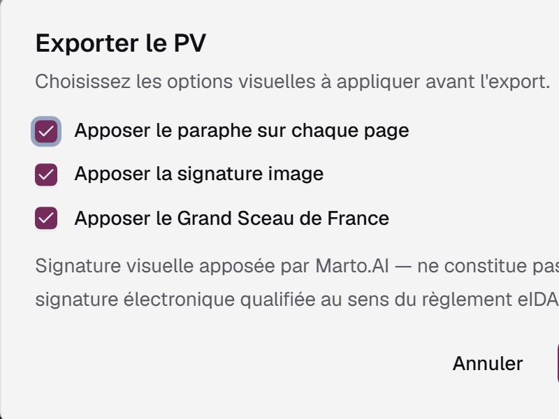 Cocher le paraphe, la signature et le Grand Sceau dans le dialogue Exporter le PV